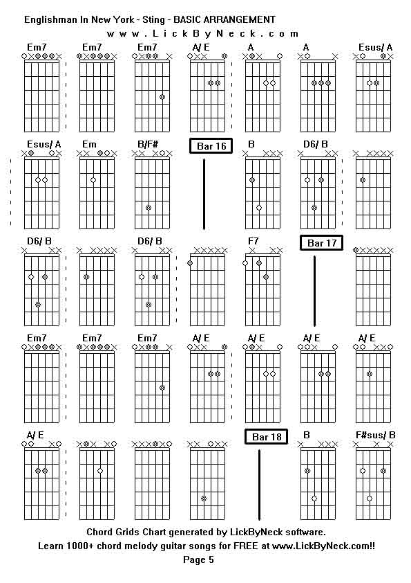 Chord Grids Chart of chord melody fingerstyle guitar song-Englishman In New York - Sting - BASIC ARRANGEMENT,generated by LickByNeck software.